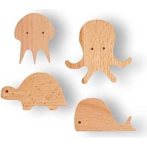 Crochets en bois d'animaux aquatiques de mer mignons naturels, muraux, manteau suspendu décoratif pour enfants, lot de 4 (1/5)