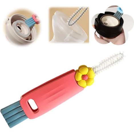 Nouvelle Brosse Nettoyage Couvercle Tasse 3 en 1, Brosse de Nettoyage de Couvercle multifonctionnelle pour Les espaces restreints des biberons (Rouge) (1/5)