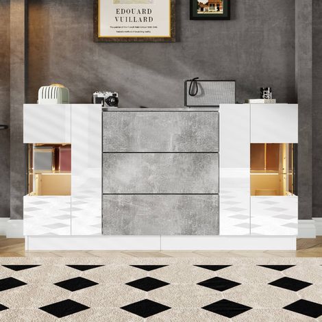 Buffet LED 140 x 35 x 75 cm, meuble de rangement 2 portes en verre et 3 tiroirs, LED 16 couleurs, MDF, salon, blanc brillant et marbre gris (1/5)