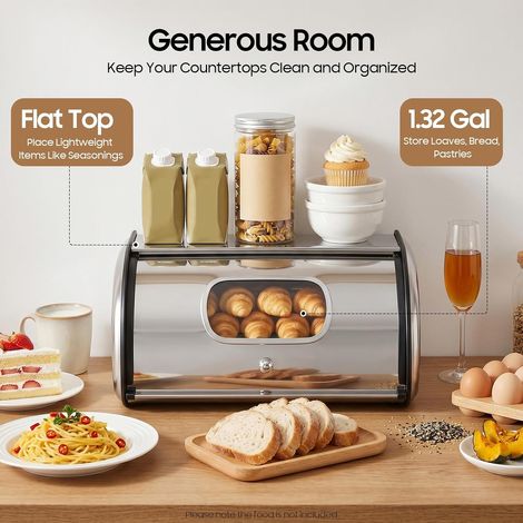Boite À Pain À Pain Boîte À Pain – Coffre Rangement Pain Inox 5 L Fenêtre Latérale Couvercle Enroulable Pour Cuisine Moderne Boulangerie Petit Déjeuner 34x23x14,5 cm (1/5)