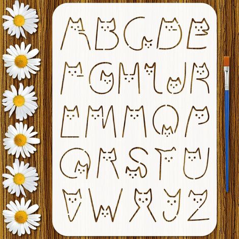 Pochoir Lettres Chat Mignon Avec 1Pc Pinceau 21x29.7cm Pochoir Peinture Lettres Chat Modèle Lettre Chats Thème Floral pour Peinture sur Bois Mur Meuble DIY Décoration Maison (1/5)