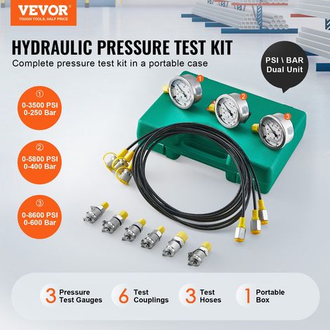 Kit de Test de Pression Hydraulique, 250/400/600 bars, 3 Manomètres, 6 Raccords, 3 Tuyaux de Test, Jauge de Test Hydraulique pour E… (1/5)