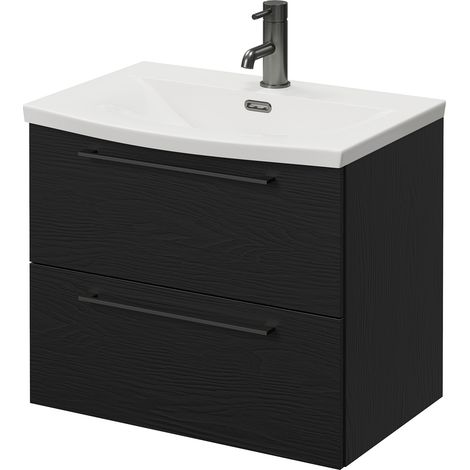 Napoli 390 Nero Oak 600mm Wall Mounted 2 Drawer Vanity Unit with Arc Basin - 600mm - Gunmetal Grey 320mm Handle