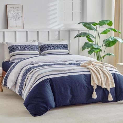 Bettwäsche-Set 3-teilig 260x240cm Mikrofaser Blau Boho Streifen