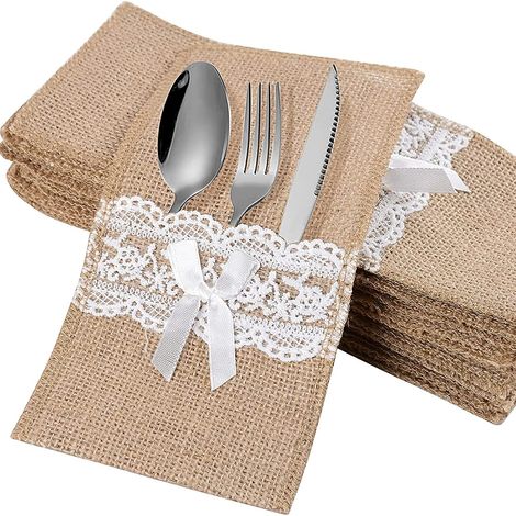 Sac En Jute Et Dentelle - 20 Pièces - 11 x 22 cm - Pour Couverts De Table - Idéal Mariage Fête Noël - Lot Complet (1/5)