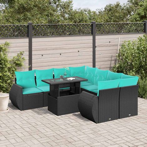 9-teiliges Gartensofa-Set mit Kissen, schwarzes Polyrattan (1/5)