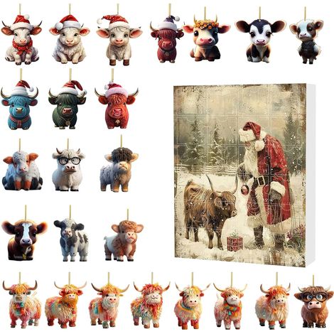 Calendrier de l'Avent 2024 Vache Highland 2024, calendrier de l'Avent en acrylique avec 24 pièces, calendrier de compte à rebours de 24 jours, décoration de Noël à collectionner (1/5)