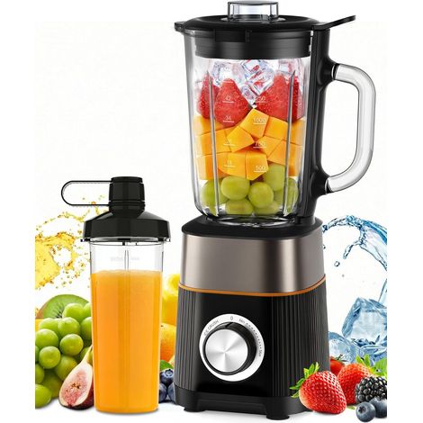 Blender, Mixeur 1000W, Blender Smoothie 2 en 1, Bol en Verre 1.5L Bouteille Portable 600ml Sans BPA, Lames Inox 304 pour Glace, Auto-nettoyant, Réglage Continu Vitesse (1/5)
