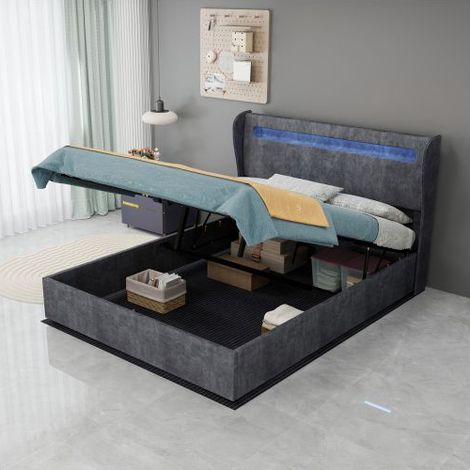 Lit coffre - SOGEU - 140x200 - Tissu gris - Tête de lit LED multicolore - Vérin à gaz & grand rangement (1/5)