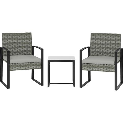 Ensemble bistro en rotin, ensemble de mobilier de jardin 3 pièces comprenant 2 chaises de jardin, une table basse et des coussins amovibles, gris clair (1/5)