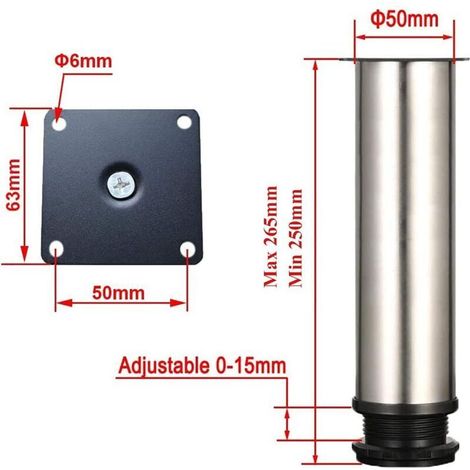 Pieds réglables en acier inoxydable 304 – Φ50x250 mm, réglage 0-15 mm – lot de 4 (1/3)