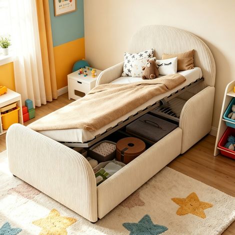 Lit enfant capitonné velours beige 90x200 rangement hydraulique tête haute barrières sécurité mi-hauteur garçons filles adolescents (sans Matelas) (1/5)