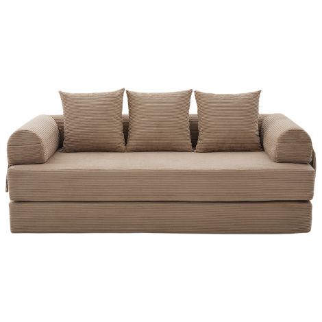 Sofá cama, sofá de 3 plazas, bolsillo lateral y 3 cojines, de terciopelo acanalado (pana) con estructura de metal, caqui (1/5)