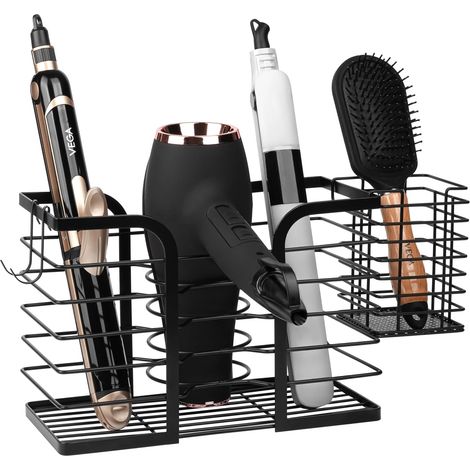 Supporto per asciugacapelli a parete senza foratura - Supporto per asciugacapelli e piastra per bagno per accessori caldi, ferro arricciacapelli, spazzola, prodotti e cura - Hardware di montaggio incl