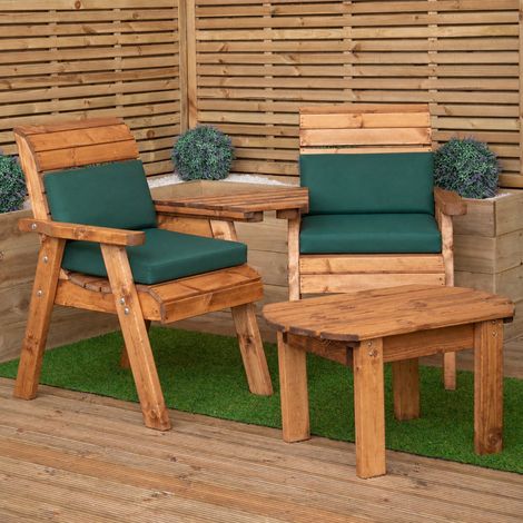 2 Seater Wooden Love Seat With Tray, Coffee Table & Green Cushions (1/5)