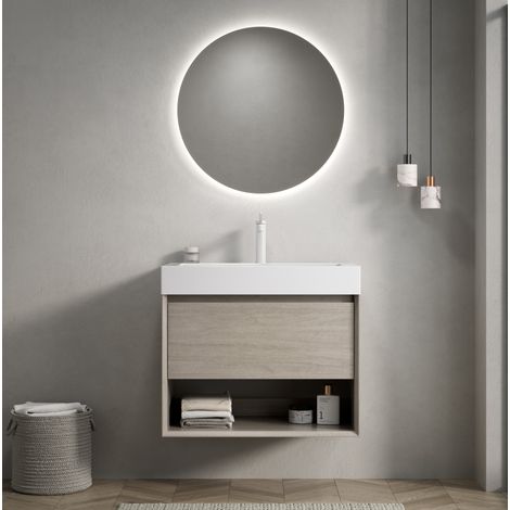 Meuble de salle de bain avec vasque 70 cm mural, blanc, chêne clair HAVRYA (1/5)