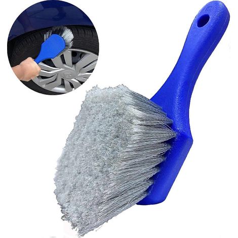 Brosse pour jantes et pneus de voiture, brosse de lavage à poils souples, nettoie les pneus et élimine la saleté et les résidus de la route, manche court pour un nettoyage facile, bleue (1/5)