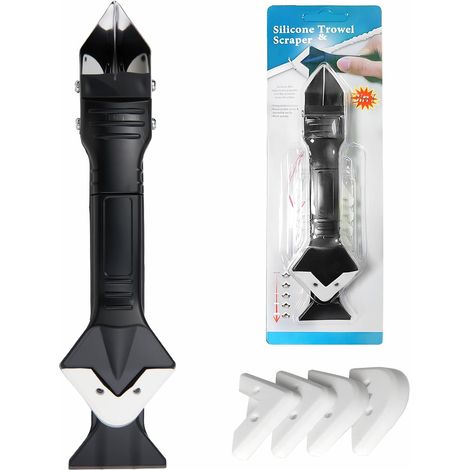 Outil Joint Silicone 3 en 1 - Kit Gratteur Lisseur - 5 Embouts Acier Inox - Rénovation Salle de Bain Cuisine Fenêtre (1/5)