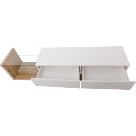 Meuble TV bas, combinaison de blanc brillant et de teintes bois. Cloisons vitrées et éclairage LED variable. Allie style campagne naturel et design moderne.