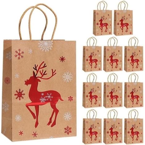 Lot de 12 sacs en papier marron de Noël, sacs cadeaux de Noël, sacs de décoration de Noël avec poignées, 27 x 21 x 11 cm, motif renne (1/4)