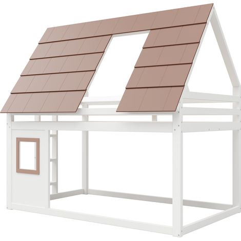 Haus-Etagenbett 140 x 200 cm aus MDF und Kiefer, weiß und braun, mit Leiter (1/5)