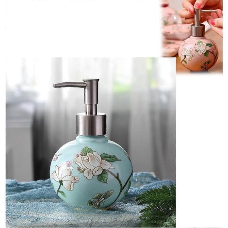 Distributeur de savon céramique fait main, flacon pompe rechargeable métal, peint style chinois, pour salle de bain, cuisine, douche - bleu/vert (1/5)