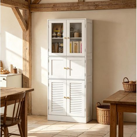Mobile bagno alto 60/30/170 cm bianco con 6 ante, ripiani regolabili e dettagli dorati (1/5)
