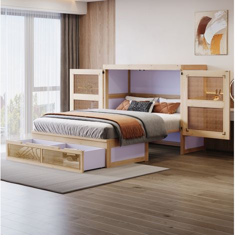 DESVIAE Lit escamotable vertical 140 x 200 cm avec sommier à lattes tiroirs de rangement design rotin coloris naturel bois (1/5)