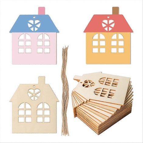 Lot de 50 étiquettes cadeaux en bois brut forme maison, porte-clés à suspendre avec ficelle naturelle pour DIY (1/5)