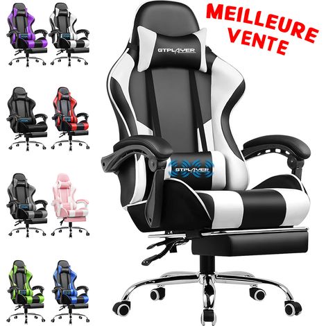 Chaise gaming avec massage lombaire – Repose-pieds rétractable – Dossier inclinable 135° – Siège cuir confortable – Charge 150 kg – Blanc