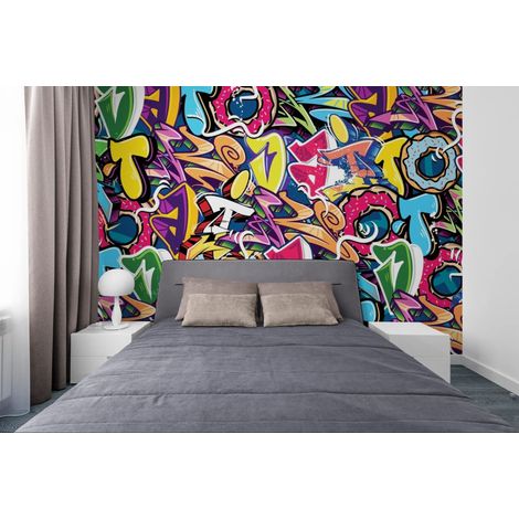 Papier peint graffiti – Motifs urbains pop et vibrants - 150 x 250 cm (1/2)