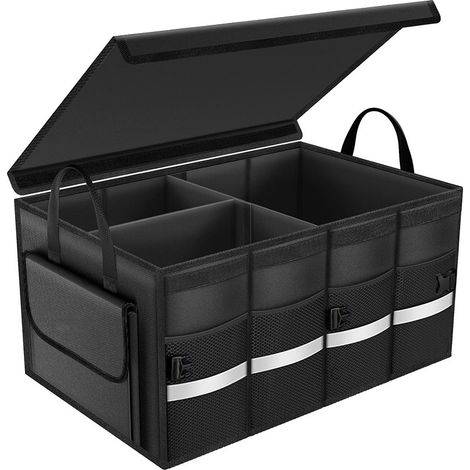 Organizador de maletero de coche de 55 L, resistente al agua, con múltiples compartimentos y capacidad de carga de 30 kg, con tapa plegable y tira reflectante para SUV y camión.