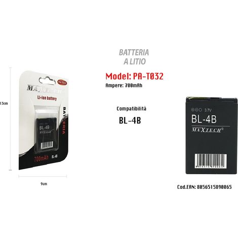 MaxTech - Batteria Compatibile Con Bl-4b Litio 700mah 3.7v Batteria Ricaricabile Maxtech Pa-t032 -