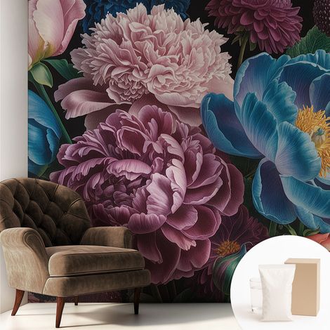 Fototapete Tapete Vliestapete mit Kleber Büro Wandgestaltung - Wanddekoration Wohnzimmer Bunte Blumen 250x250 cm (1/5)