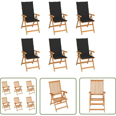 The Living Store Chaises de jardin lot de 6 avec coussins noir Bois teck massif - Chaise De Jardin - Mobilier De Jardin - Fauteuil De Jardin - Teck - Chaise Pliable (1/5)