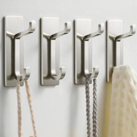 Ensemble de 4 crochets muraux sans perçage, porte-serviettes de salle de bain, crochet pour torchons de cuisine, étanches, antirouille, couleur argentée. (1/5)