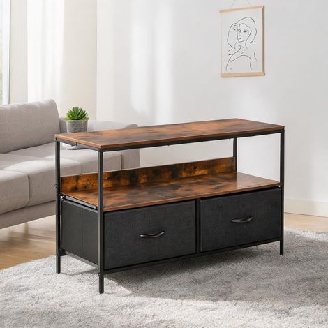 Meuble TV 98 cm MDF Brun Rustique Métal Noir 2 Tiroirs (1/5)