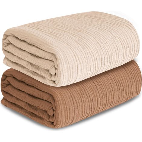 Langes en mousseline pour nouveau-nés, lot de 2 langes doux et respirants, grande taille 104 x 104 cm, langes et bavoirs, articles indispensables pour une baby shower. (Beige et marron café) (1/4)