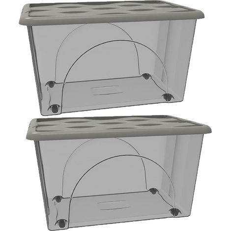 2 Box Contenitore con Coperchio e 4 Ruote Portaoggetti 60 LT STORAGE Salvaspazio Sovrapponibile scatola 60x40x33 Organizer Multiuso organizzazione Casa Bagno Ufficio