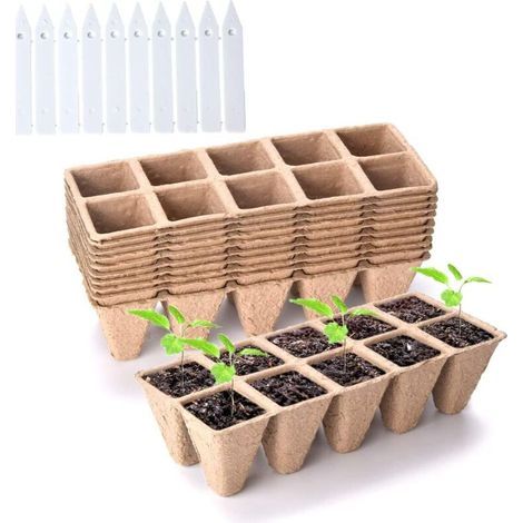 Set of 10 peat pots, 100 biodegradable cells for indoor and outdoor seedlings, includes 10 plastic plant labels (1/5)