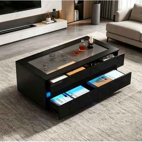 Mesa de centro de 100x50x40 cm con 4 cajones e iluminación LED, tablero de cristal templado y estructura estable de aglomerado negro (1/5)