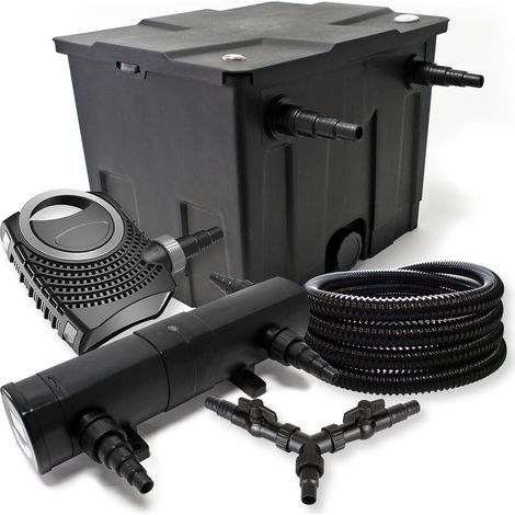 SunSun Komplettset: CBF-350 Teichfilter bis 12000 L Teichfilteranlage als Durchlauffilter, CTF-8000 Teichpumpe 8000l/h 70W, CUV-236 Teichklärer UVC Klärer mit 36W, 25m Teichschlauch 25 mm, Y-Verteiler