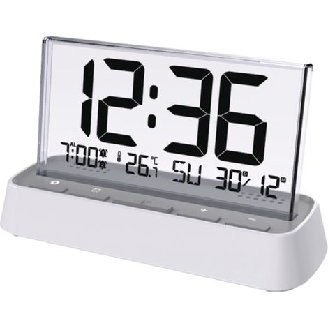 Digitaler LCD-Wecker mit transparenter Anzeige von Datum, Wochentag und Temperatur, zwei Alarmen, 12-/24-Stunden-Format und Schlummerfunktion. Tischuhr.