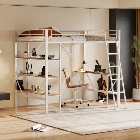 lit adulte mezzanine bureau rangement 90x200 métal blanc HAVRYA (1/5)