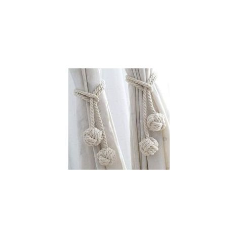 Lot de 2 cravates de rideau en coton tissé à la main, boules décoratives, blanc cassé – (1/5)