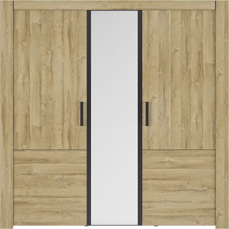 Armoire 3 portes avec miroir rangement haut effet bois chêne doré (1/5)