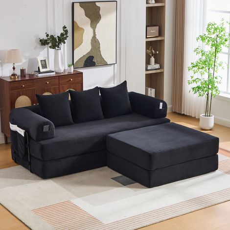 Modulares Sofa aus Cord in Schwarz mit Hocker, Metallgestell und Seitentasche, 200x190x67 cm