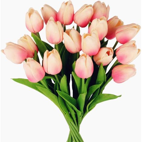 24 pcs Tulipes artificielles en Latex, réaliste Simple Tige Tulipe Faux Bouquets de Fleurs de mariée pour la Maison, Mariage, fête, décoration de Bureau, Arrangements Floraux (Rose Clair) (1/5)