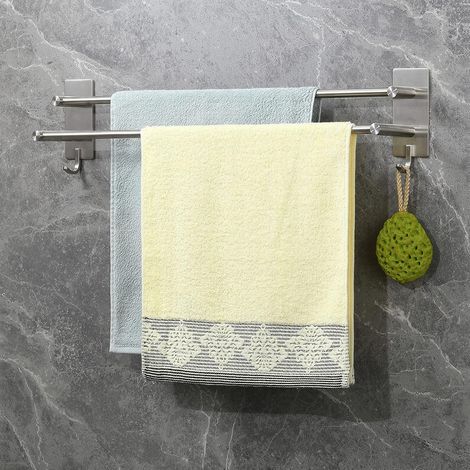 1 - Porte Serviette - Accessoire Salle de Bain - Double Barre 60cm Sans Percage Avec Crochets Pour Cuisine Et Douche Argenté 60x10cm (1/5)