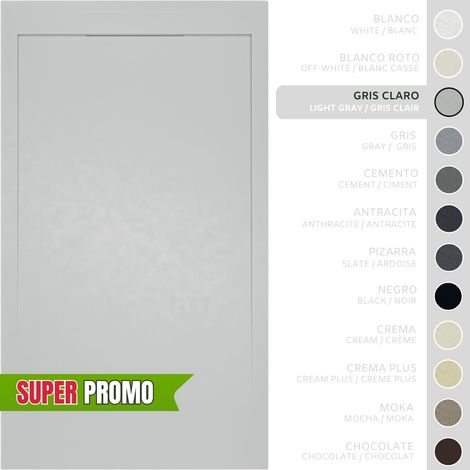 SOULBATH Plato de Ducha Extraplano Antideslizante – Resina Gel Coat - Textura Liso/Piedra – GRIS CLARO - 160X70 - Extraplano 3cm - Incluye Válvula desagüe y Rejilla integrada mismo color (1/5)